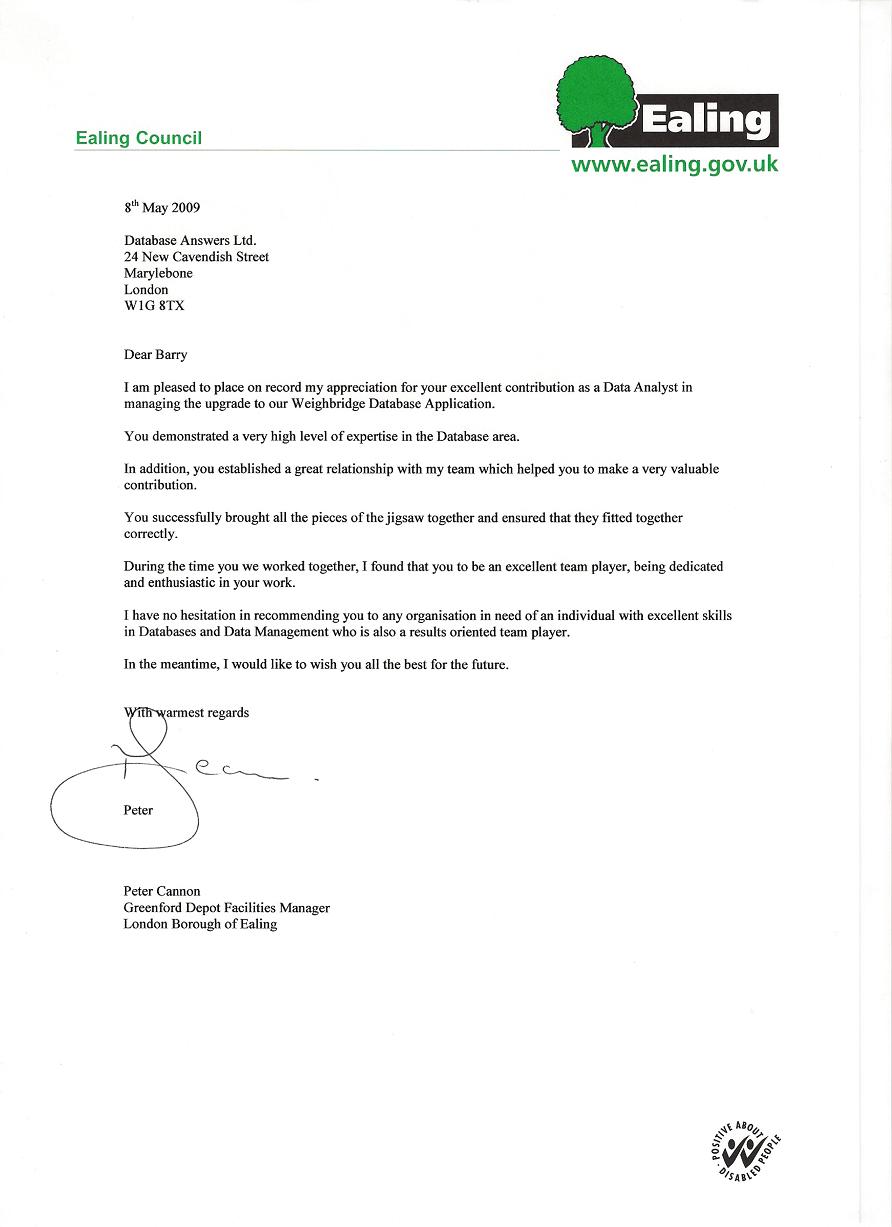 Letter from Peter Cannon at the London Borough of Ealing