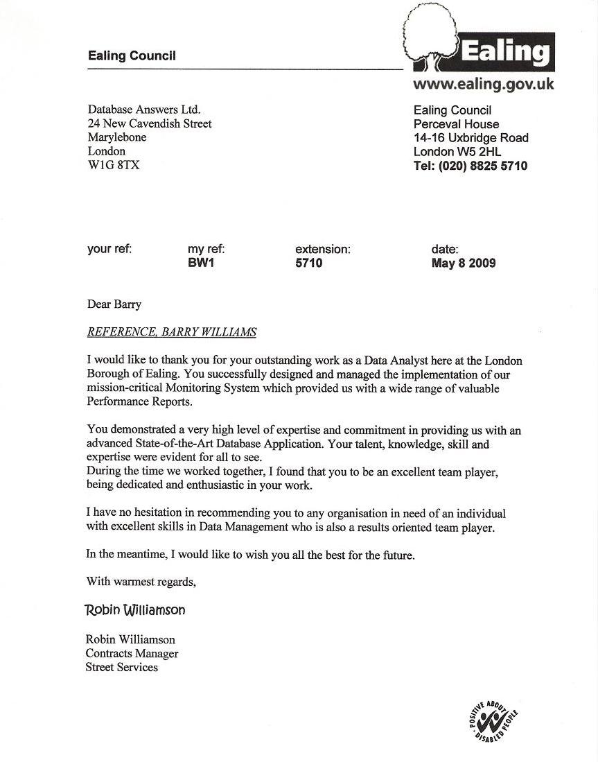 Letter from Robin Williamson at the London Borough of Ealing